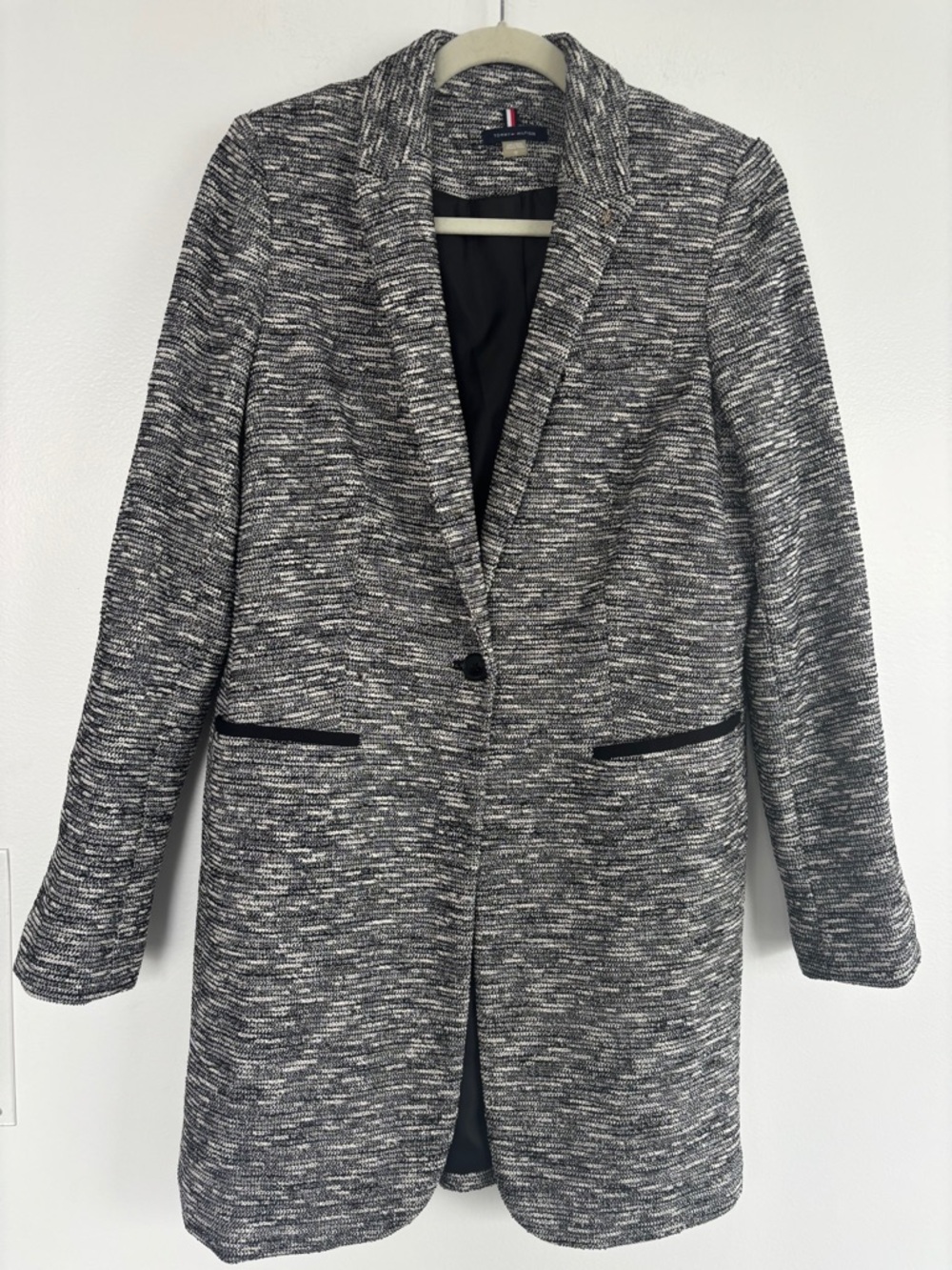Tommy Hilfiger Black, Gray & White Textured Knit Classic Jacket/Coat